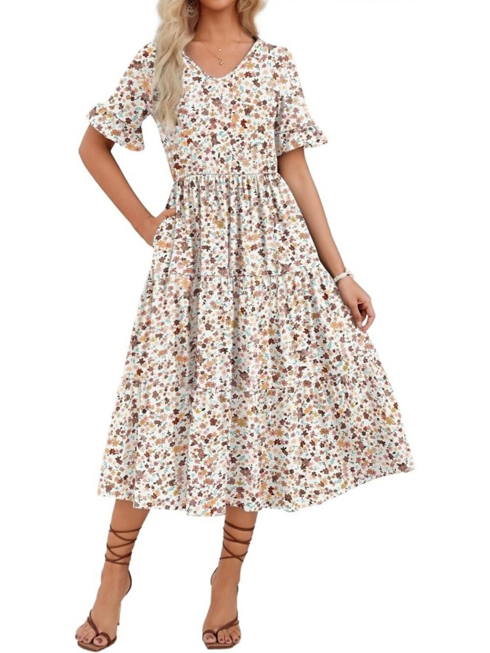 Zeagoo Women's White Pink Floral Tiered Casual Neck Ruffle Short Midi Maxi Dress
